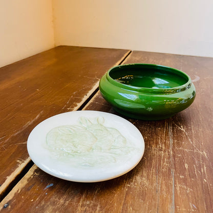 Green Ceramic Lidded Bowl with Embossed Bunnies- Vintage