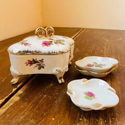 Footed Moss Rose Procelain Trinket Box with Dishes- Vintage