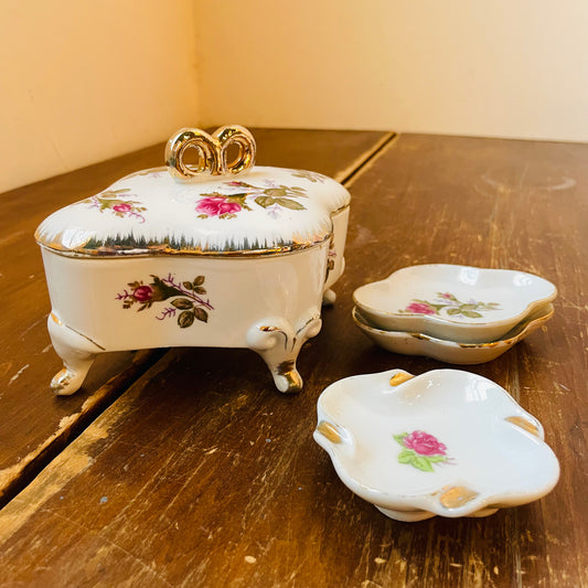 Footed Moss Rose Procelain Trinket Box with Dishes- Vintage