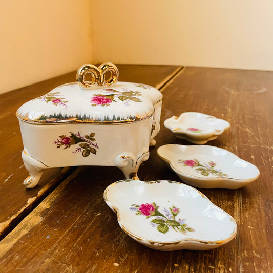 Footed Moss Rose Procelain Trinket Box with Dishes- Vintage