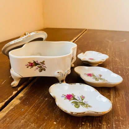 Footed Moss Rose Procelain Trinket Box with Dishes- Vintage