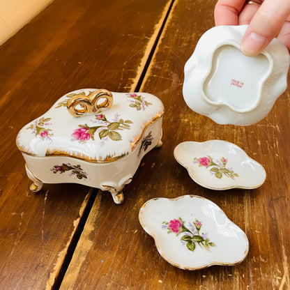 Footed Moss Rose Procelain Trinket Box with Dishes- Vintage