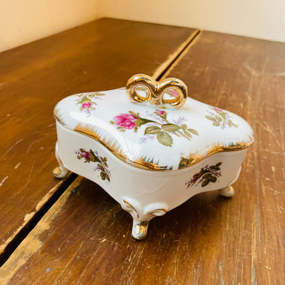 Footed Moss Rose Procelain Trinket Box with Dishes- Vintage