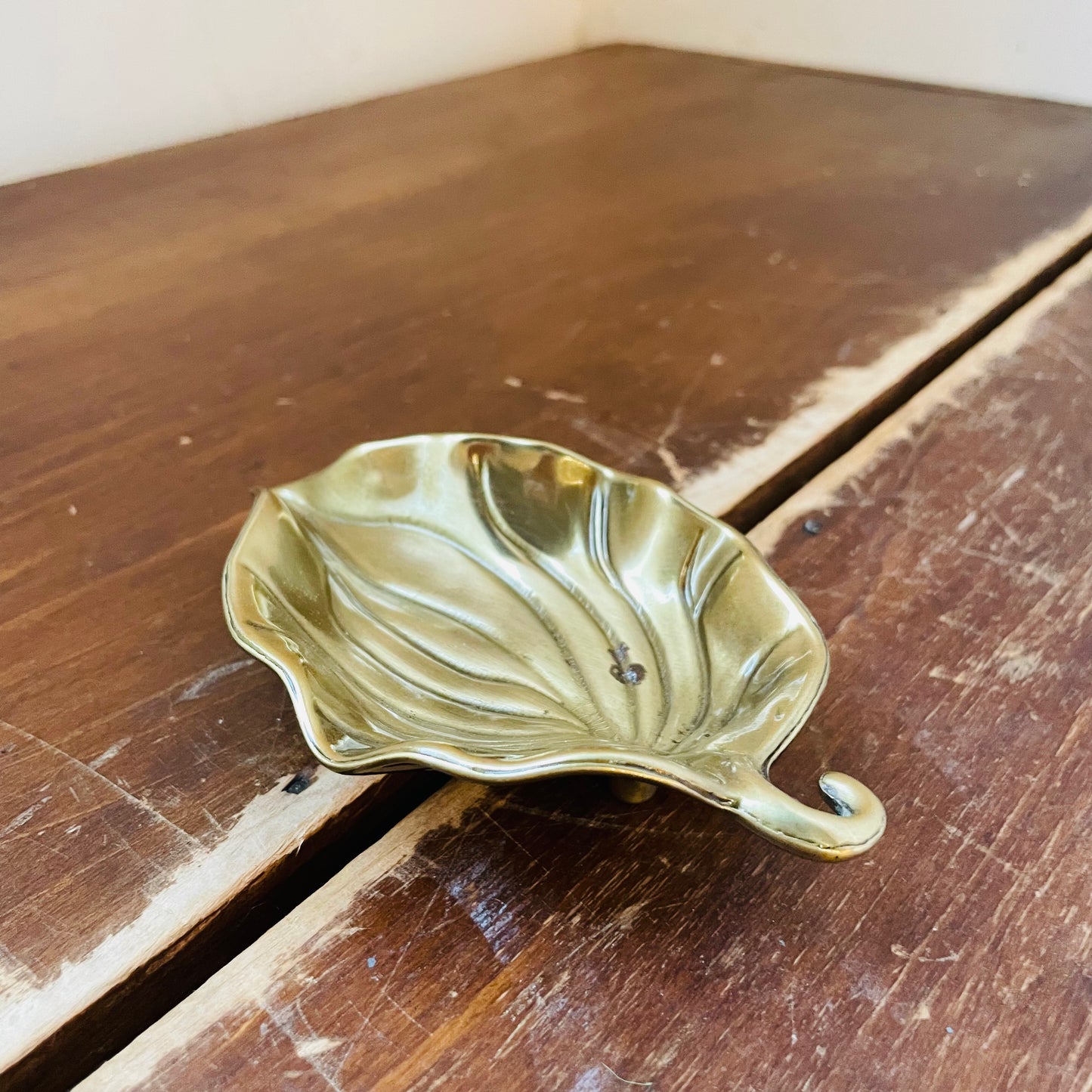 Small Brass Footed Leaf Trinket Dish- Vintage
