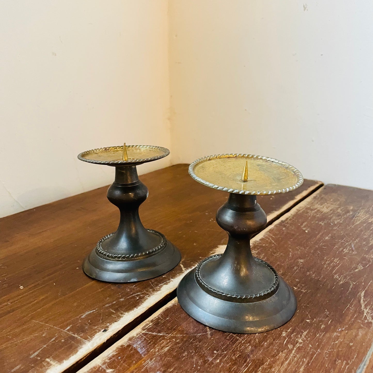 Aged Brass Rope Edge Pillar Candle Holder Pair- Vintage