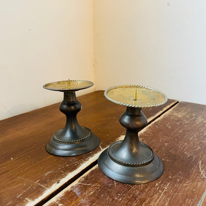 Aged Brass Rope Edge Pillar Candle Holder Pair- Vintage
