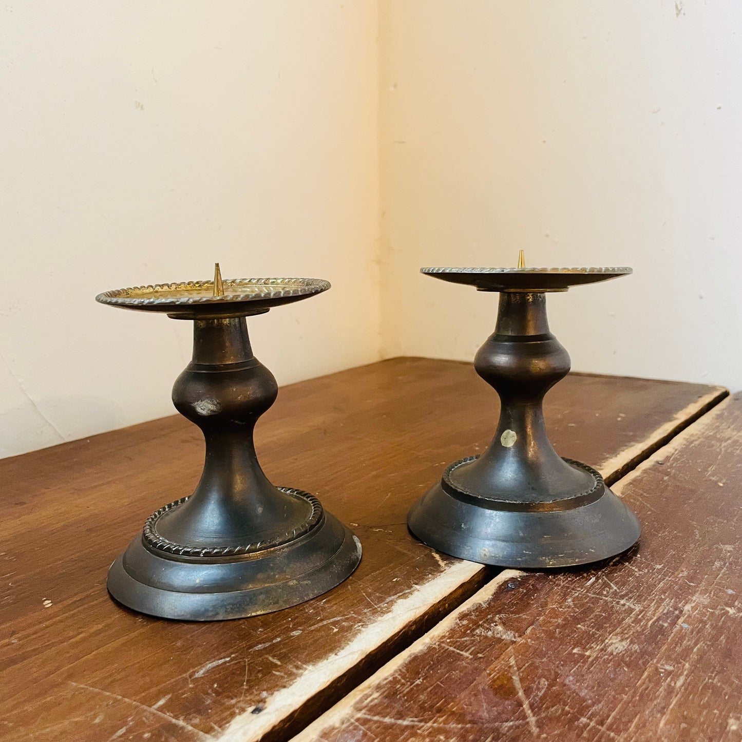 Aged Brass Rope Edge Pillar Candle Holder Pair- Vintage