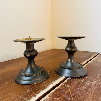 Aged Brass Rope Edge Pillar Candle Holder Pair- Vintage
