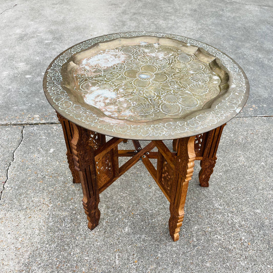 Moroccan Brass & Wood Foldable Side Table- Vintage