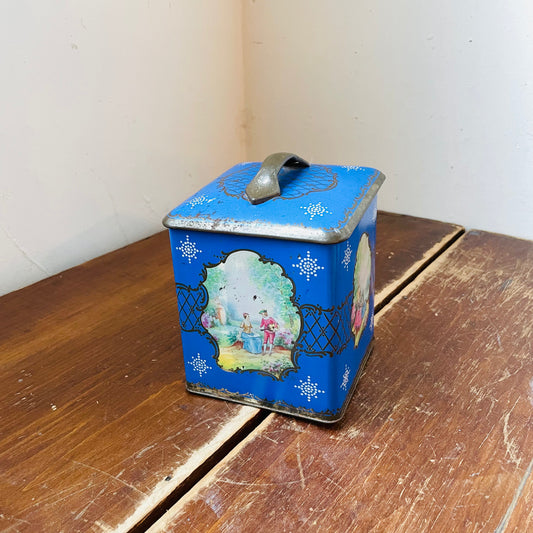 French Rococo Art Blue Tea Tin- Vintage