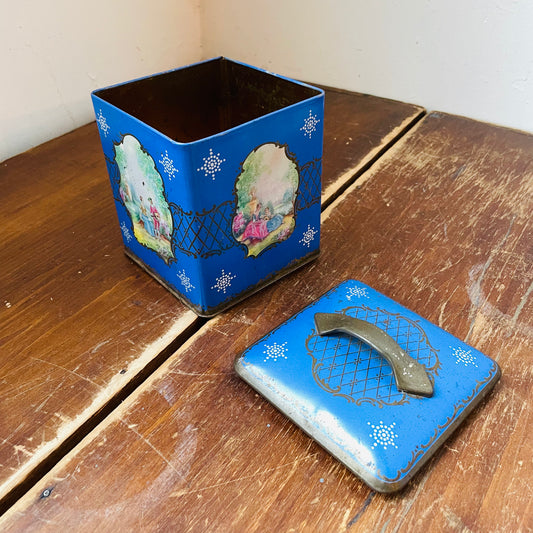 French Rococo Art Blue Tea Tin- Vintage