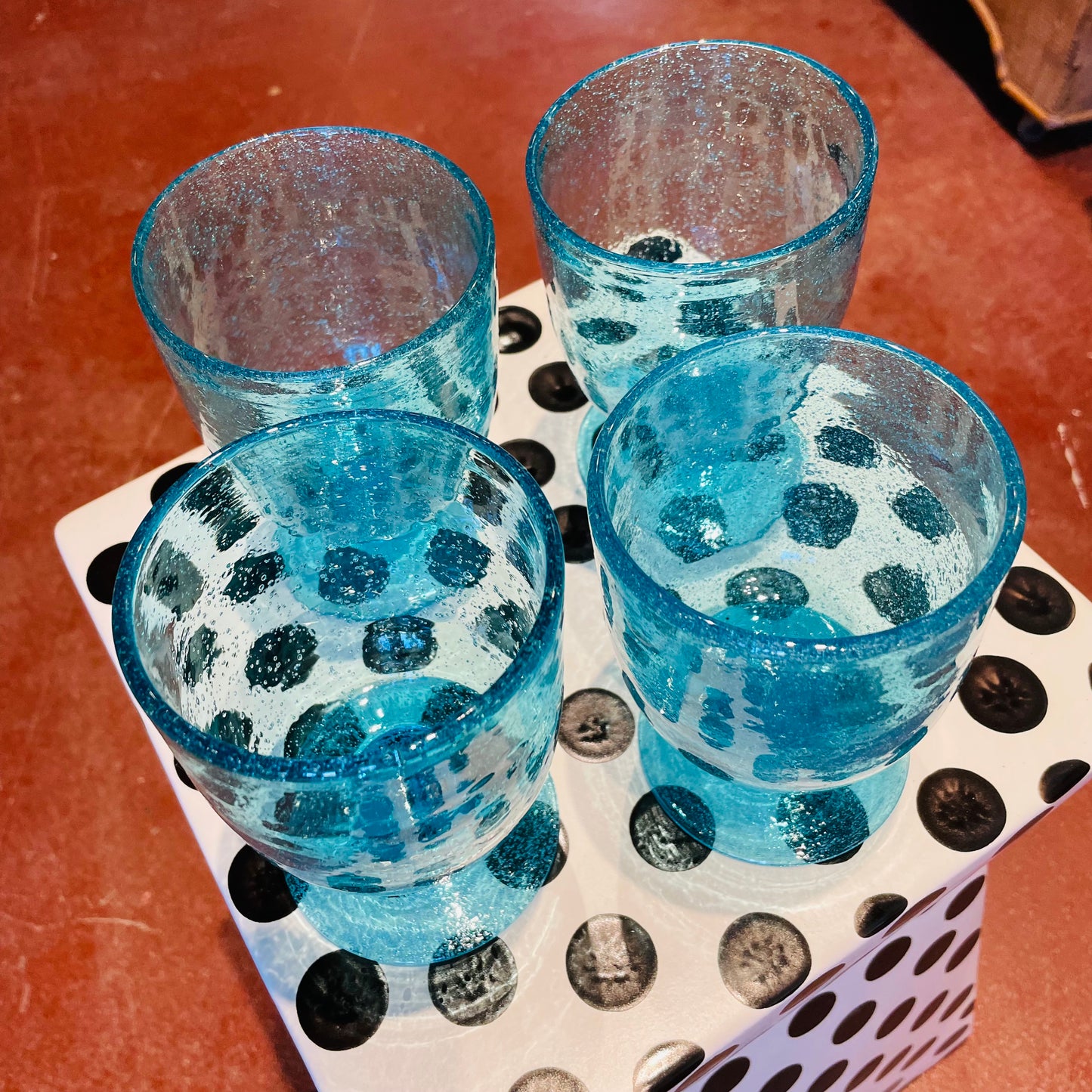 Aqua Bubble Glass Goblets- Set of 3- Vintage