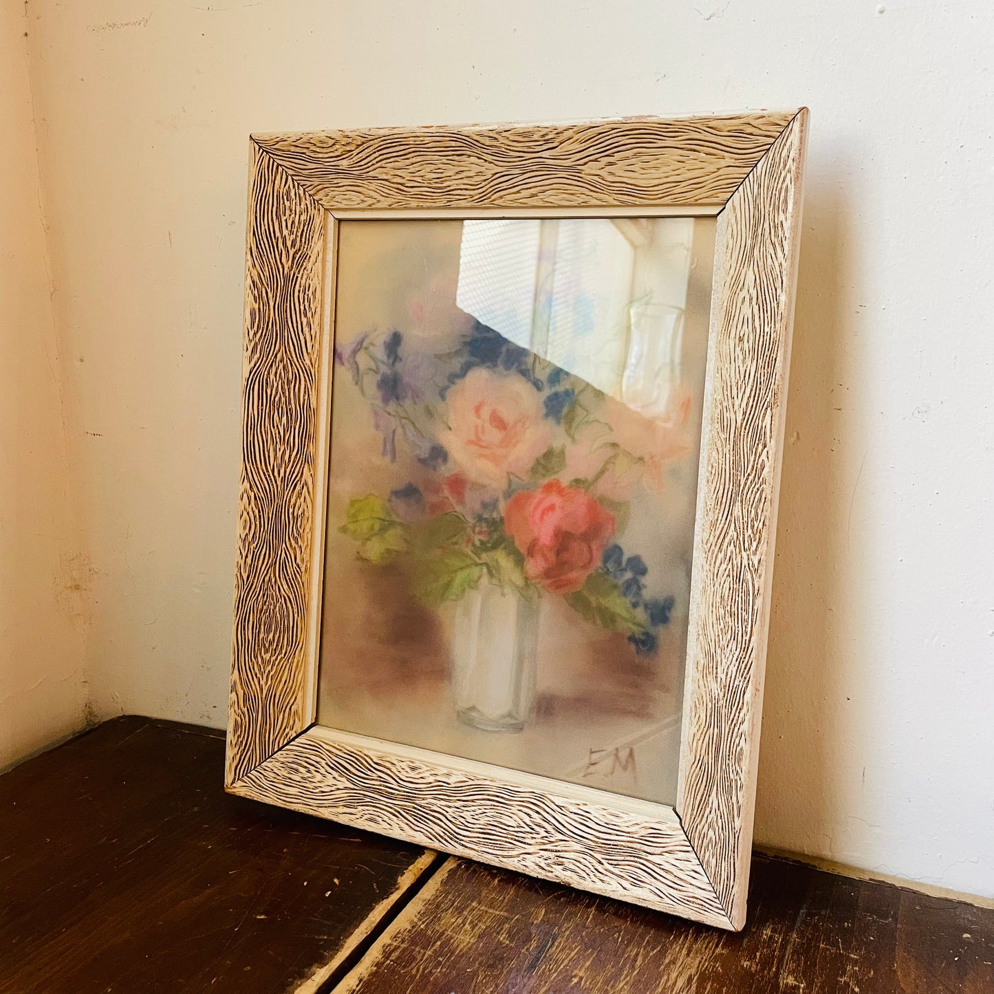 Floral Chalk Pastel Artwork in Faux De Bois Frame- Vintage