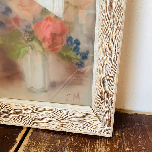 Floral Chalk Pastel Artwork in Faux De Bois Frame- Vintage