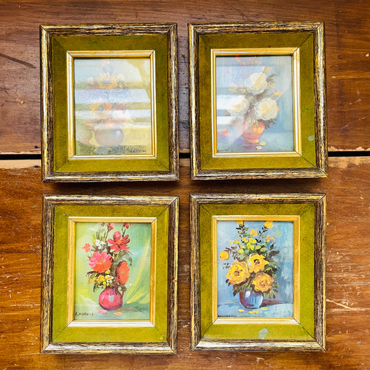 Set of 4 Floral Arrangement Prints in Green Frames- Vintage