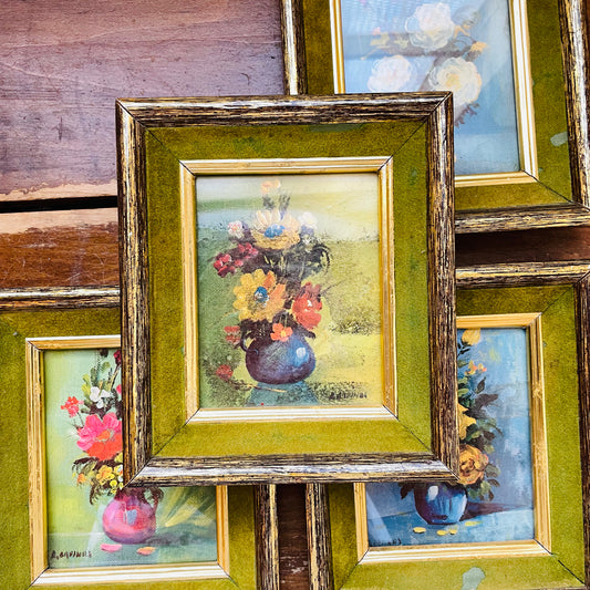 Set of 4 Floral Arrangement Prints in Green Frames- Vintage