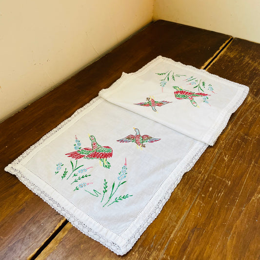 Colorful Embroidered Flying Ducks Dresser Scarf- Vintage