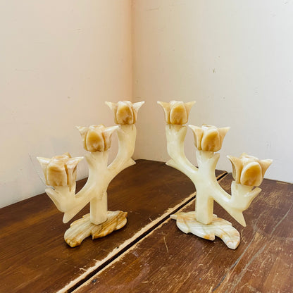 Alabaster Three Tulip Candle Holder Set- Vintage