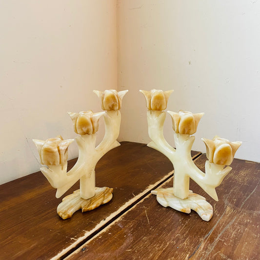 Alabaster Three Tulip Candle Holder Set- Vintage