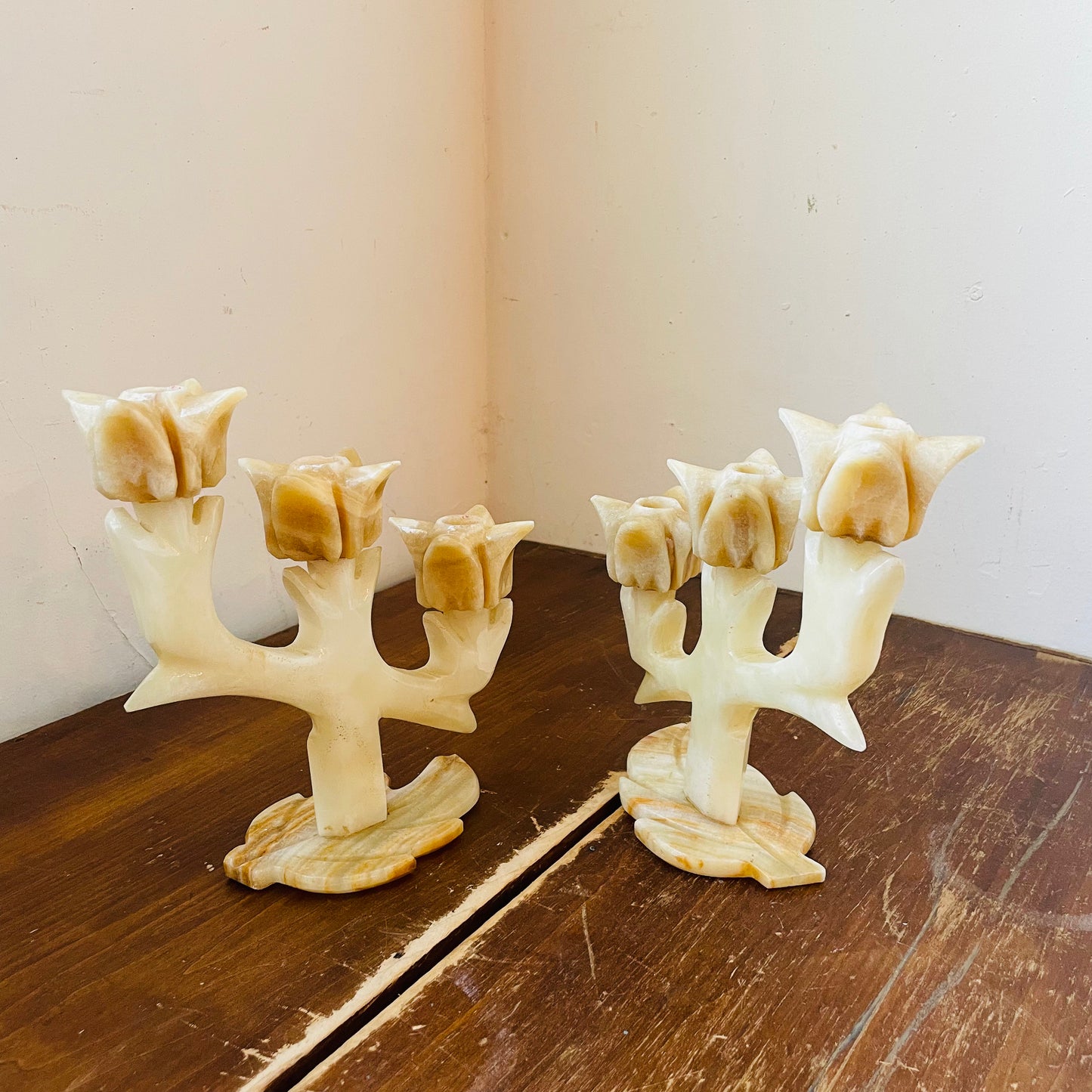 Alabaster Three Tulip Candle Holder Set- Vintage