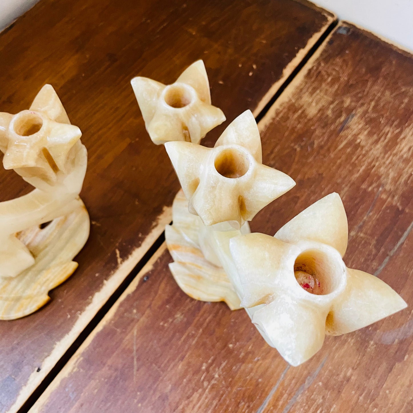 Alabaster Three Tulip Candle Holder Set- Vintage