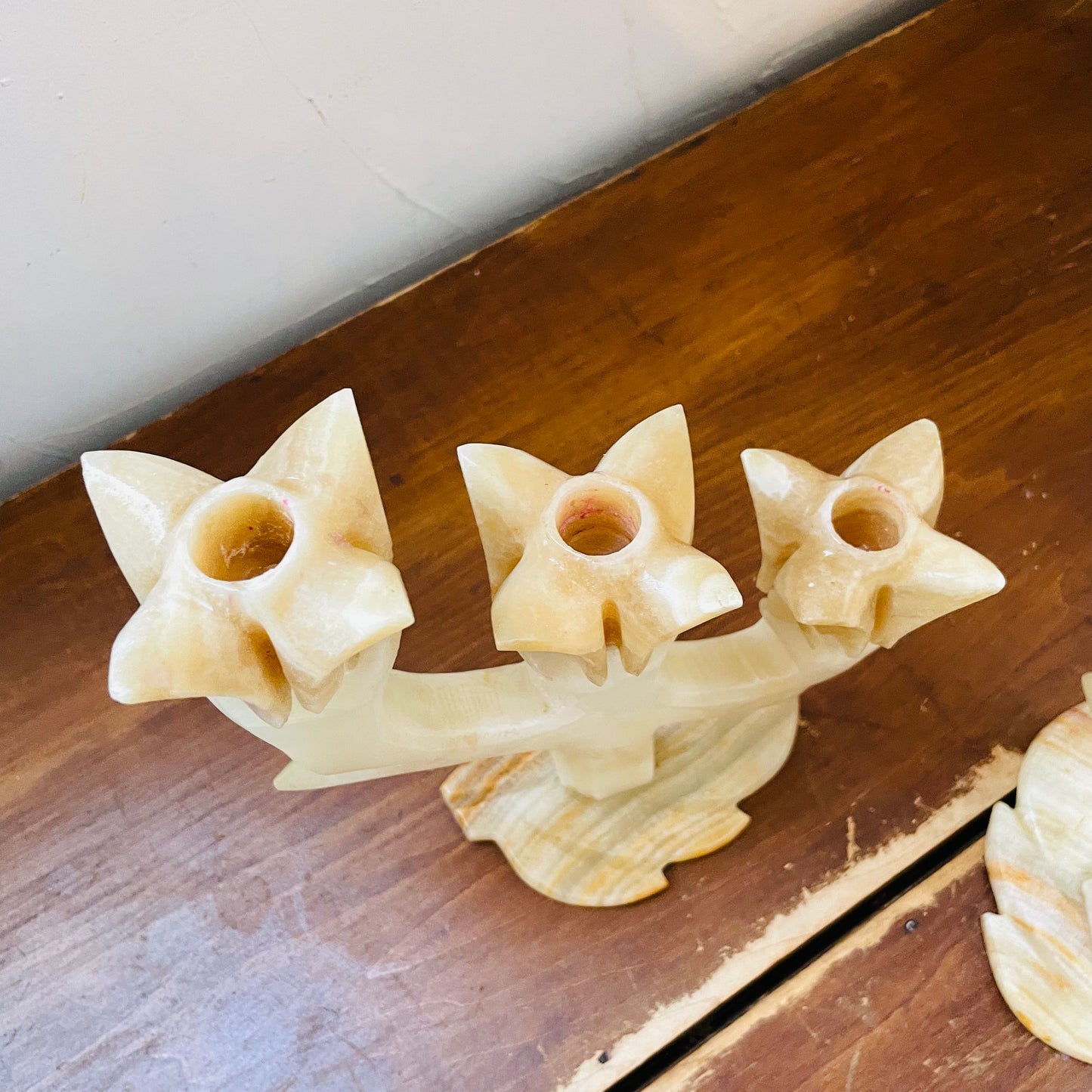 Alabaster Three Tulip Candle Holder Set- Vintage