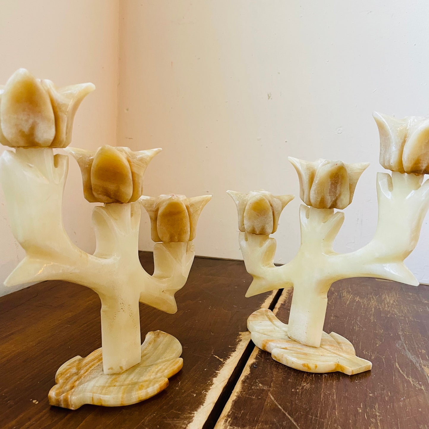 Alabaster Three Tulip Candle Holder Set- Vintage