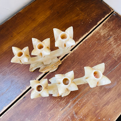 Alabaster Three Tulip Candle Holder Set- Vintage