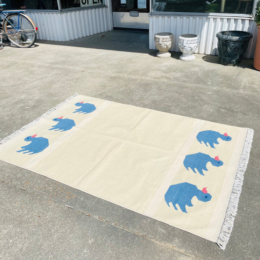 Kilim Blue Folk Art Duck 6" x 4" Rug- Vintage