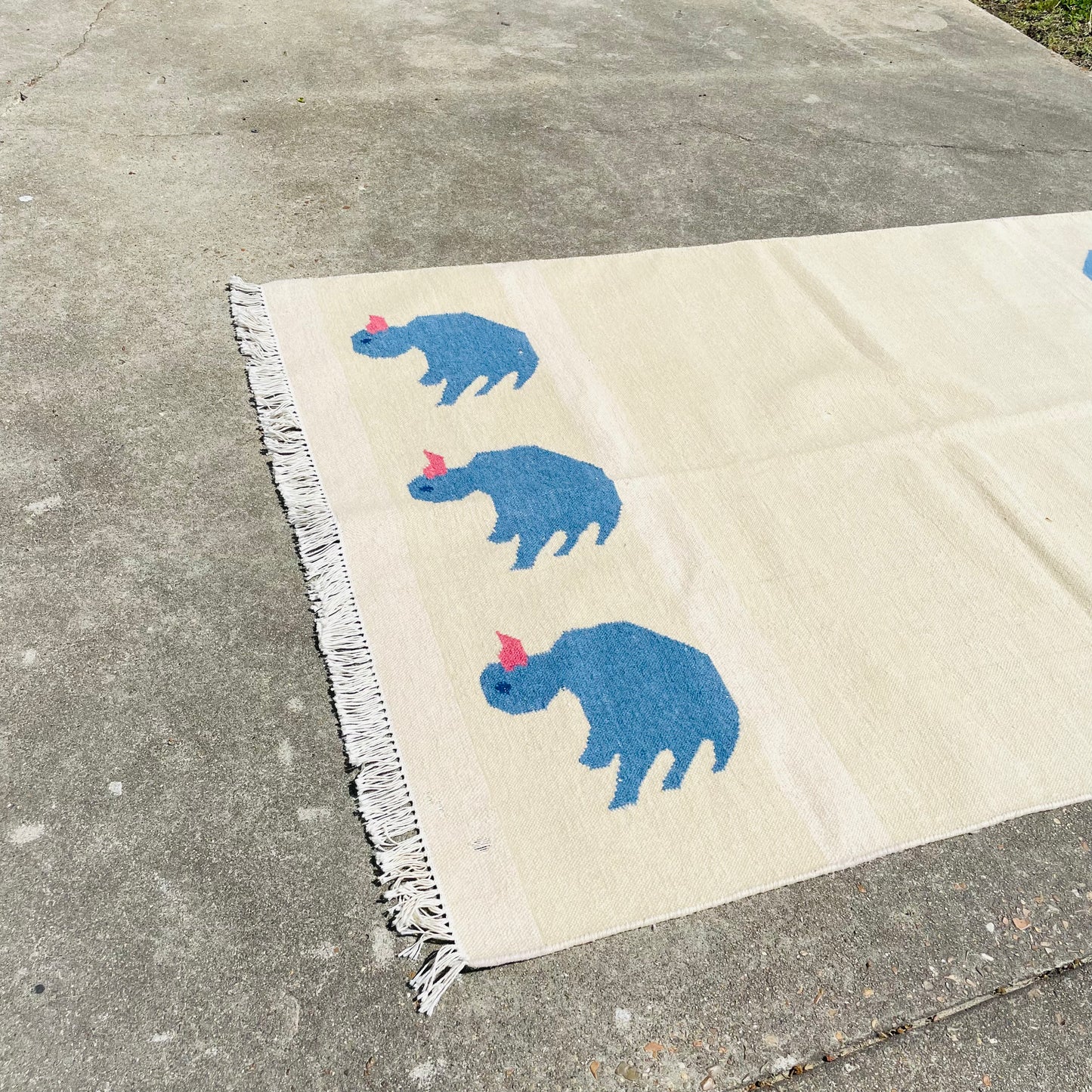 Kilim Blue Folk Art Duck 6" x 4" Rug- Vintage