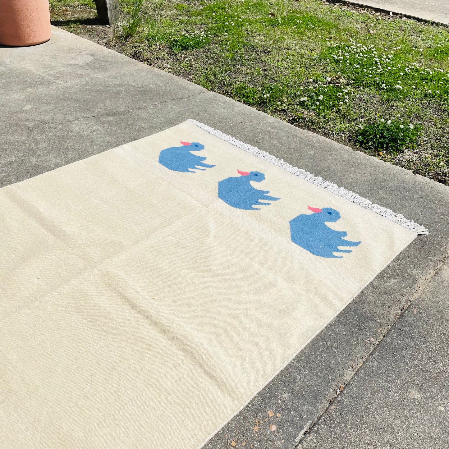 Kilim Blue Folk Art Duck 6" x 4" Rug- Vintage