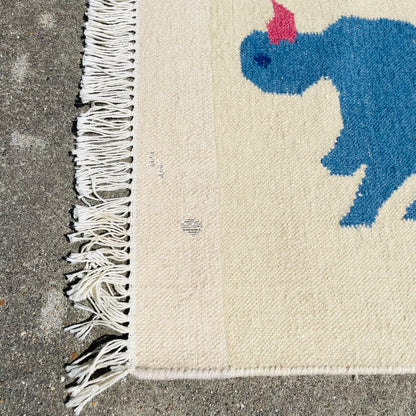 Kilim Blue Folk Art Duck 6" x 4" Rug- Vintage