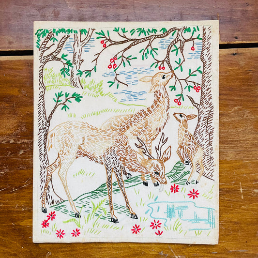 Embroidered Deer Family-  Vintage