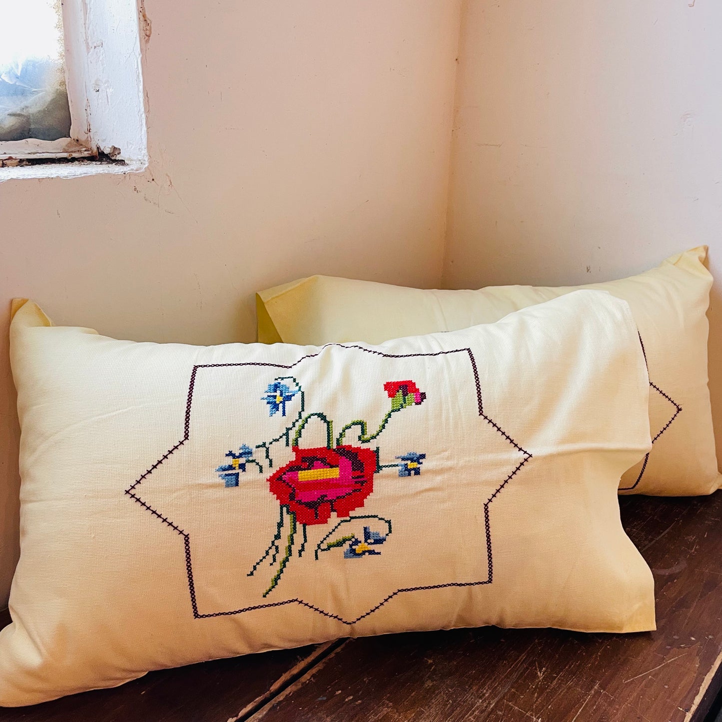 Rose & Iris Cross-stitch Pillow Shams with Inserts- Vintage
