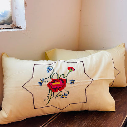 Rose & Iris Cross-stitch Pillow Shams with Inserts- Vintage