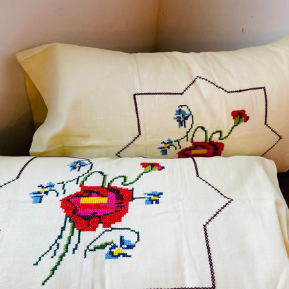 Rose & Iris Cross-stitch Pillow Shams with Inserts- Vintage