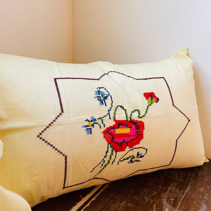 Rose & Iris Cross-stitch Pillow Shams with Inserts- Vintage