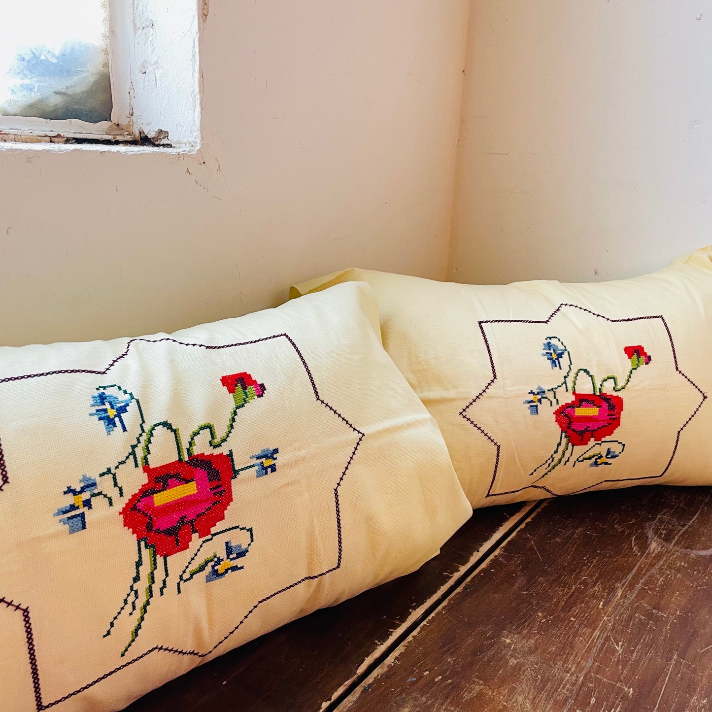 Rose & Iris Cross-stitch Pillow Shams with Inserts- Vintage