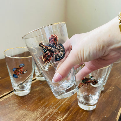 Set of 6 Upland Birds Gold Rimmed Pilsner Glasses- Vintage