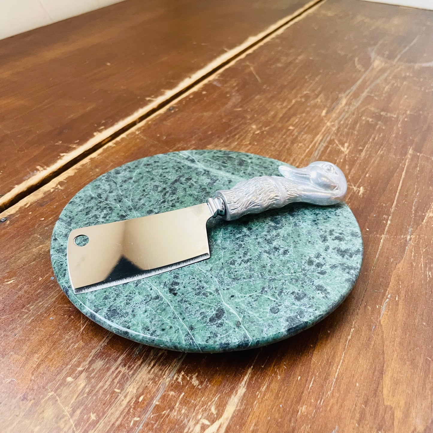 Green Marble & Pewter Duck Cheese Cleaver- Vintage