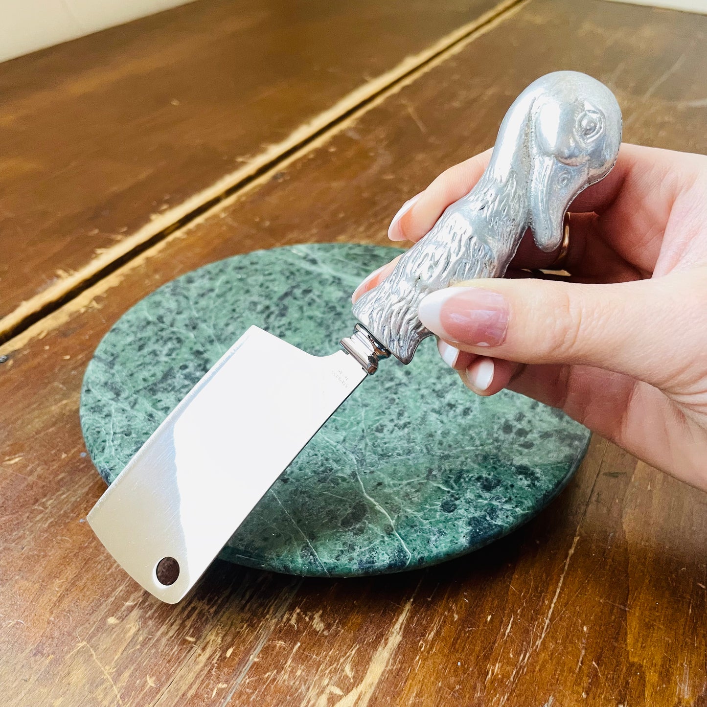 Green Marble & Pewter Duck Cheese Cleaver- Vintage