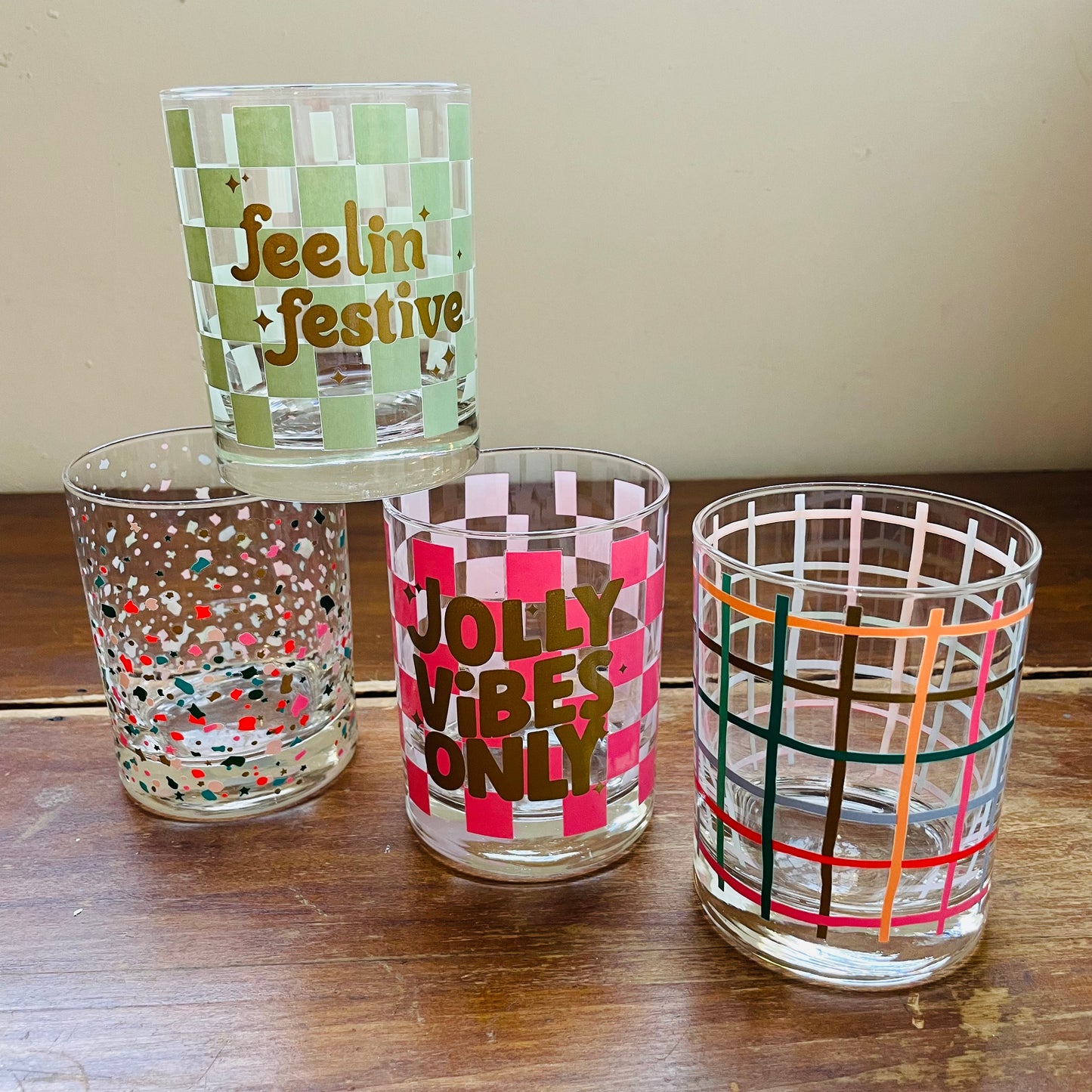 Holiday Fun Lowball Rocks Glasses- Set of 4