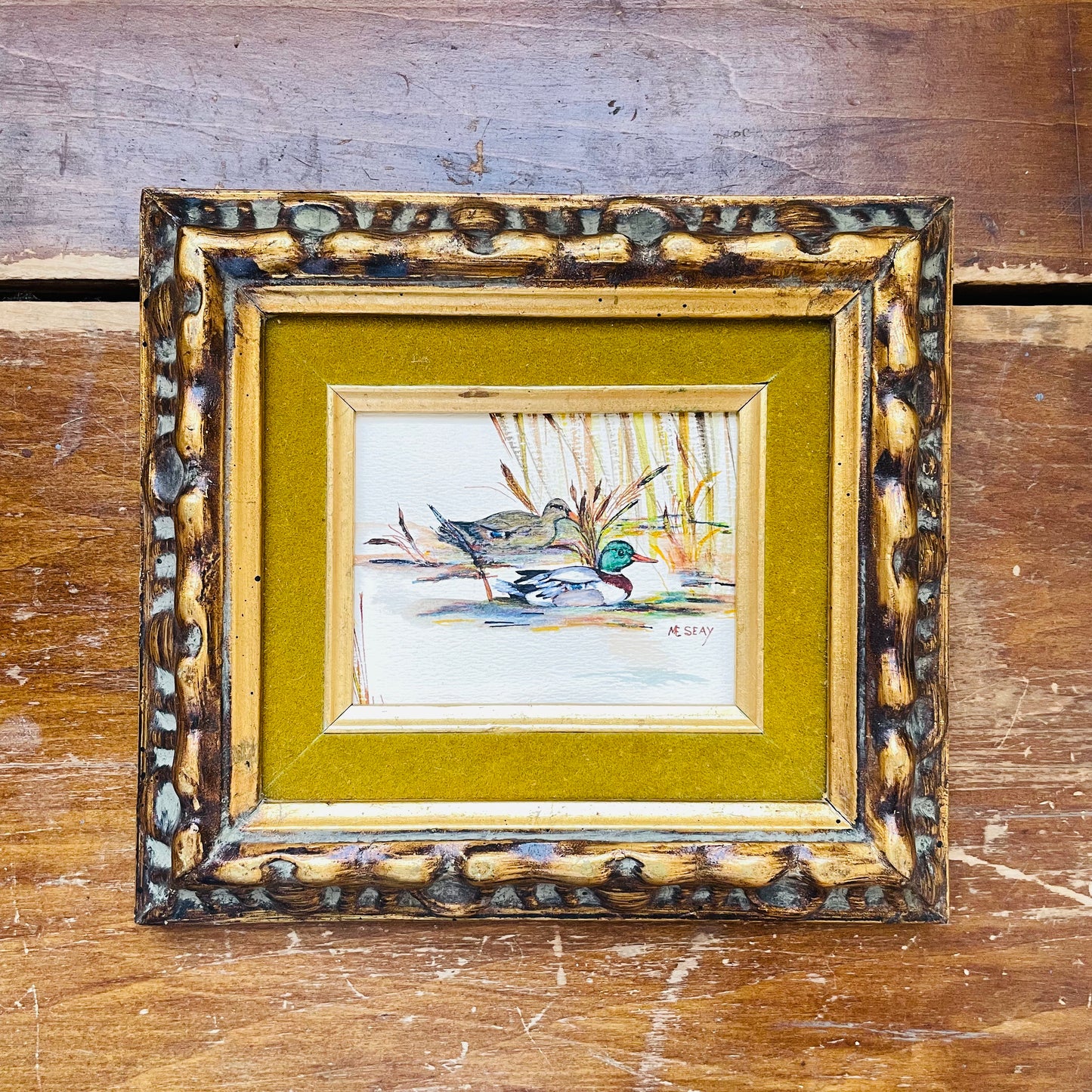 Framed Liquid Crayon Mallard Pair Artwork by M. Seay- Vintage