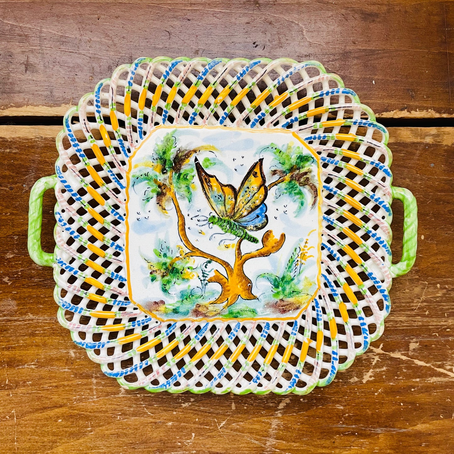 Butterfly Motif Italian Lattice Porcelain Handled Tray- Vintage