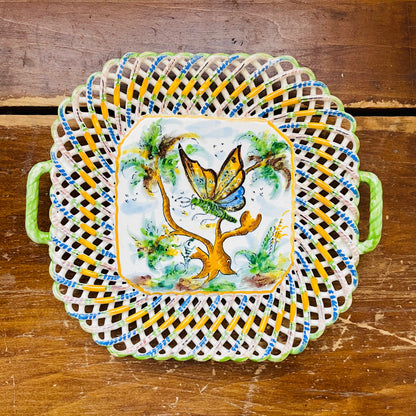 Butterfly Motif Italian Lattice Porcelain Handled Tray- Vintage
