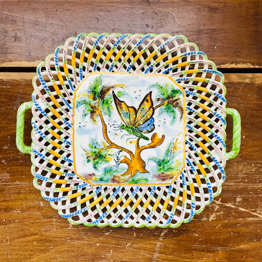 Butterfly Motif Italian Lattice Porcelain Handled Tray- Vintage