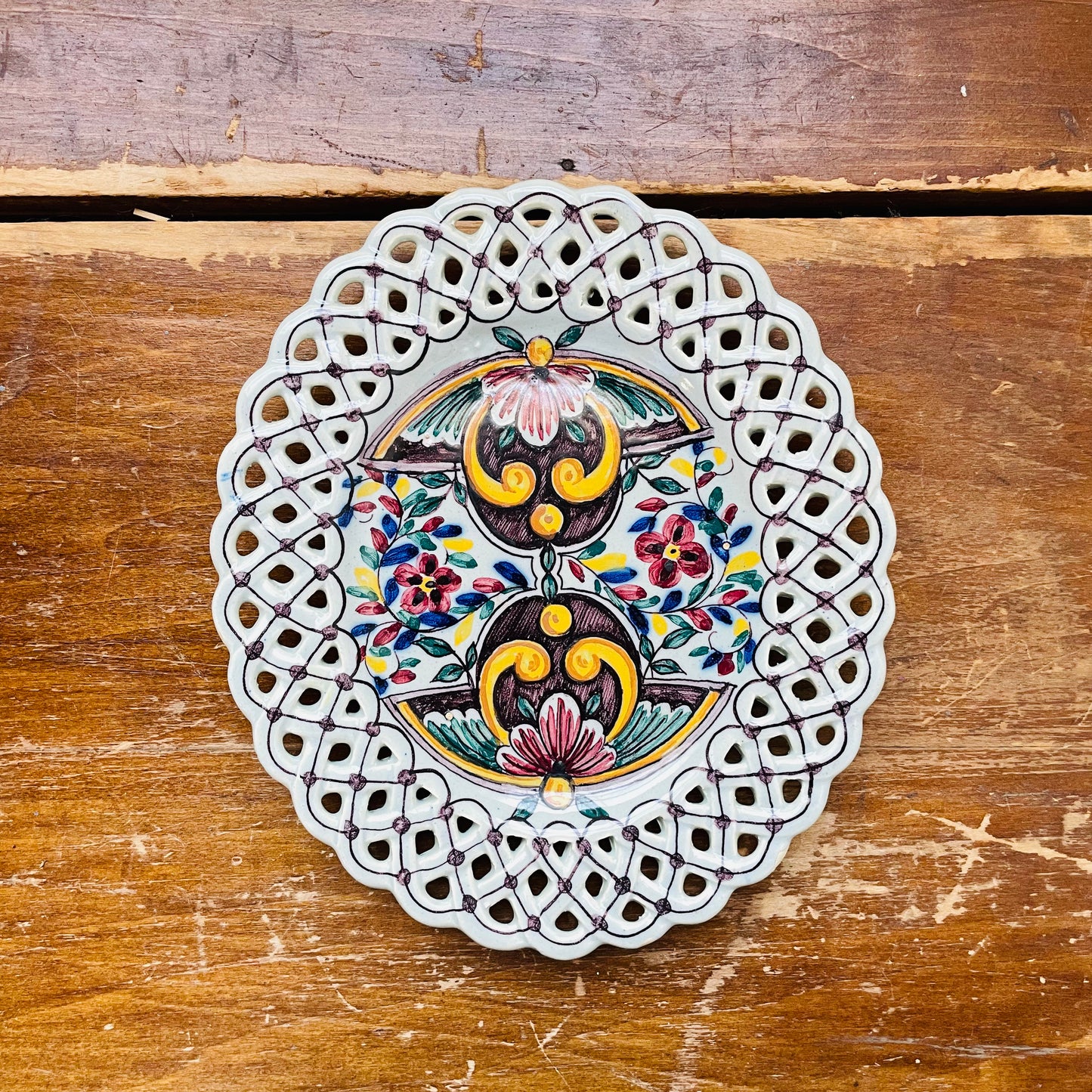 Moth & Floral Motif Portugese Lattice Porcelain Plate- Vintage