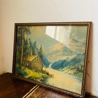 Wooden Framed Mountain Side Cabin on a Lake Print- Vintage