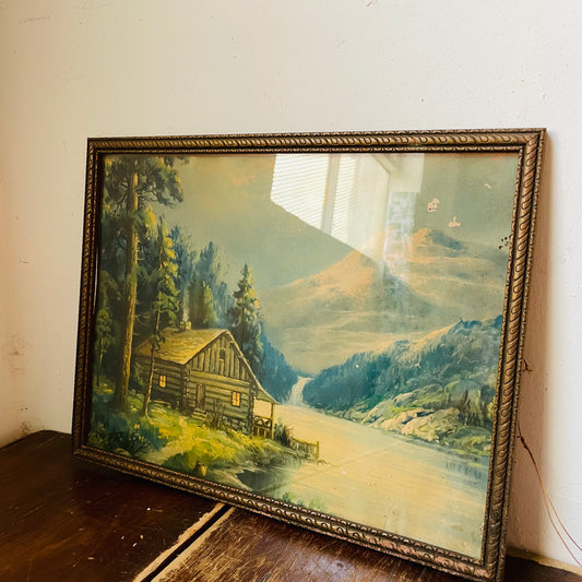 Wooden Framed Mountain Side Cabin on a Lake Print- Vintage