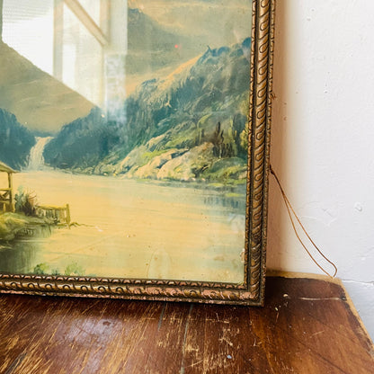 Wooden Framed Mountain Side Cabin on a Lake Print- Vintage